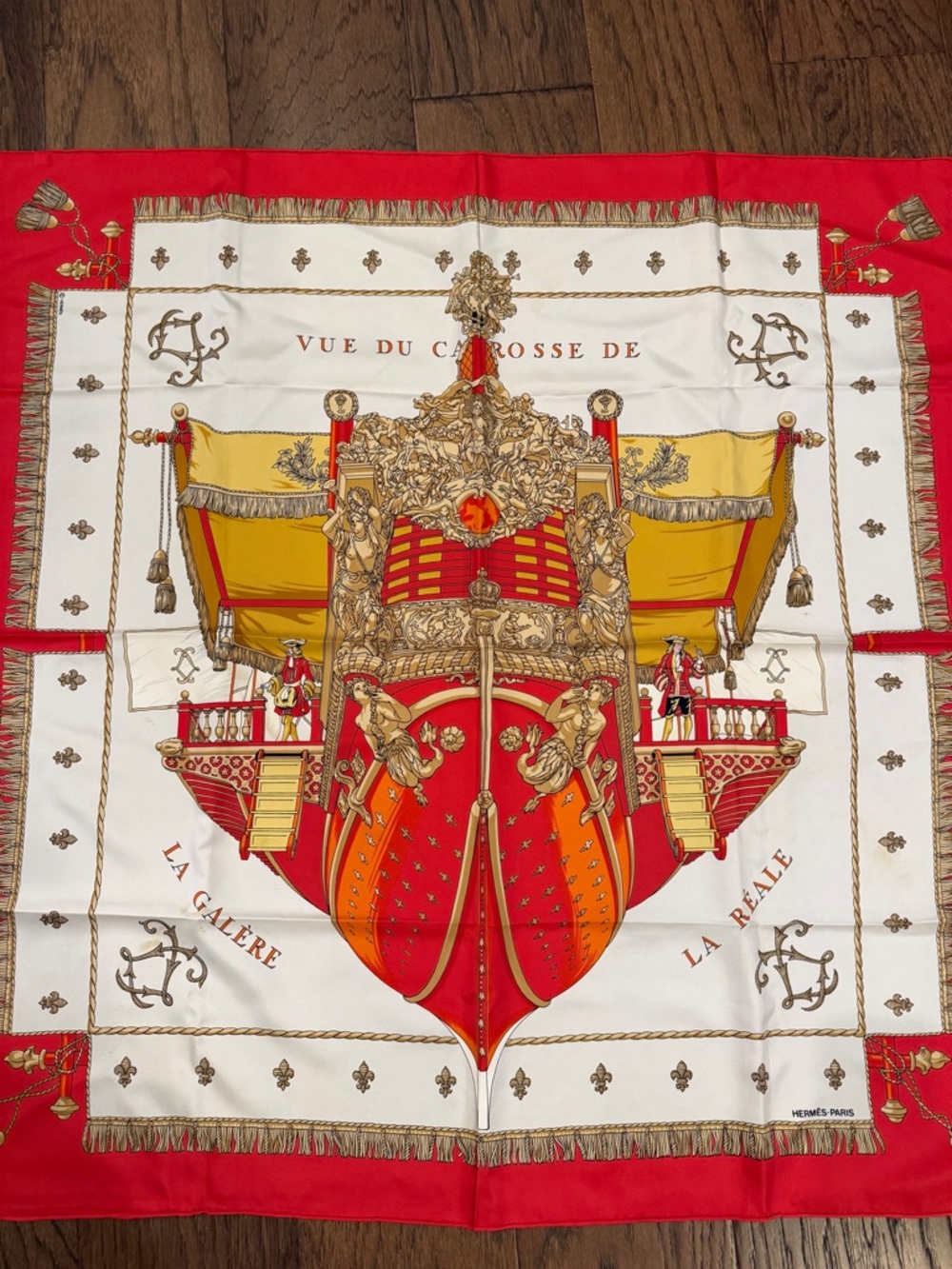 Hermes Coral Red and Gold Silk Scarf VUE DU CARROSSE DE